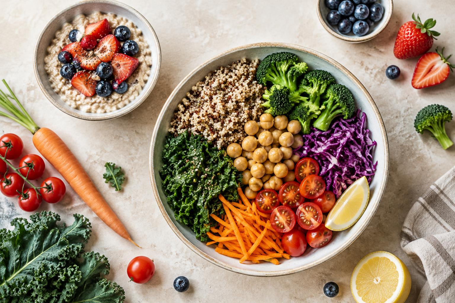 Whole-food plant-based meals with vegetables, grains, legumes, and berries